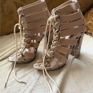 Stylish Beige Snakeskin Lace-Up Platform Heels